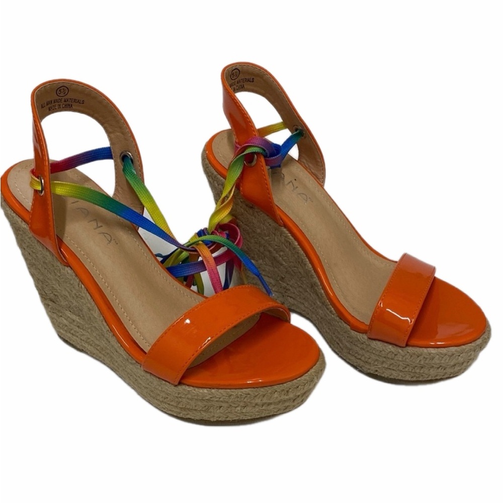 Liliana Orange Dopamine Wedge Espadrille with Multicolor Straps Size 5.5
